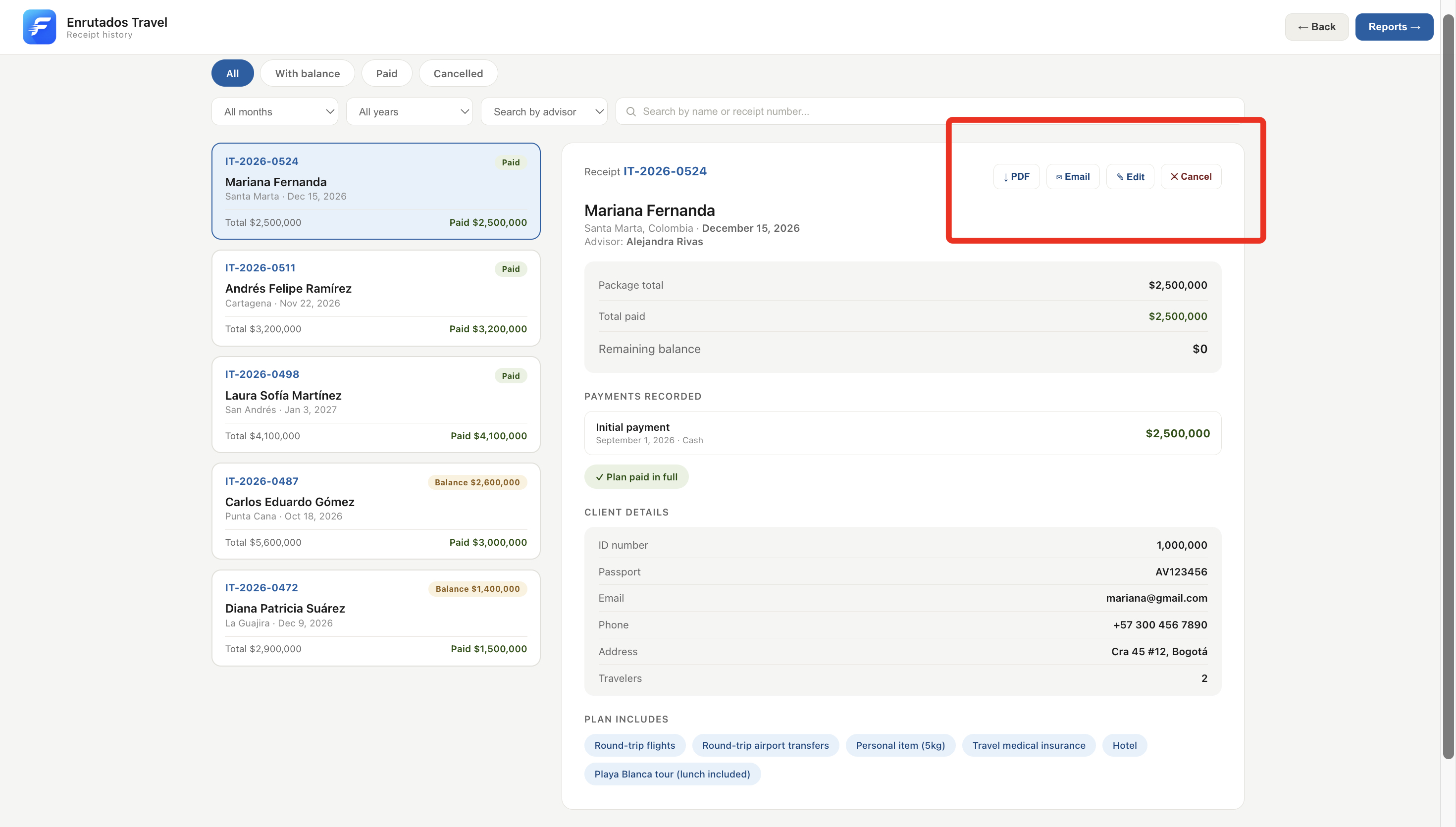 Paid receipt actions