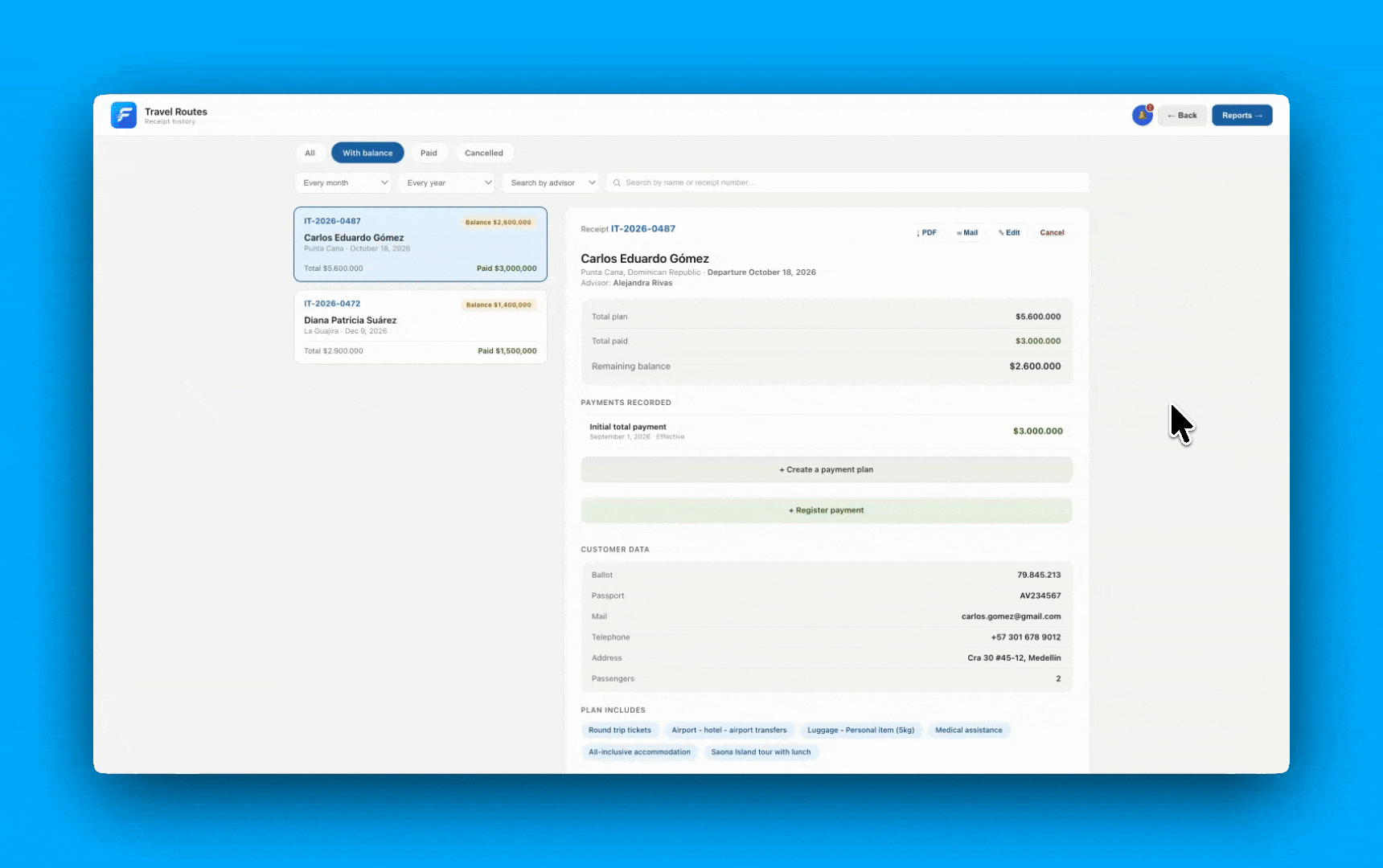Pending balance and payment entry